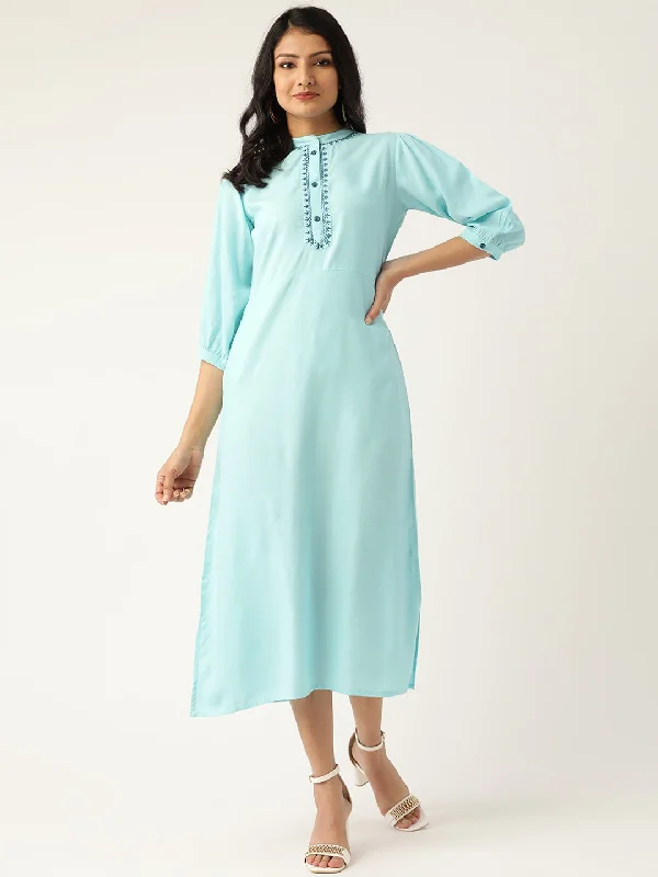 Women's Blue Solid Solid Mandarin Collar Viscose Rayon A-Line Dress - Nayo Clothing