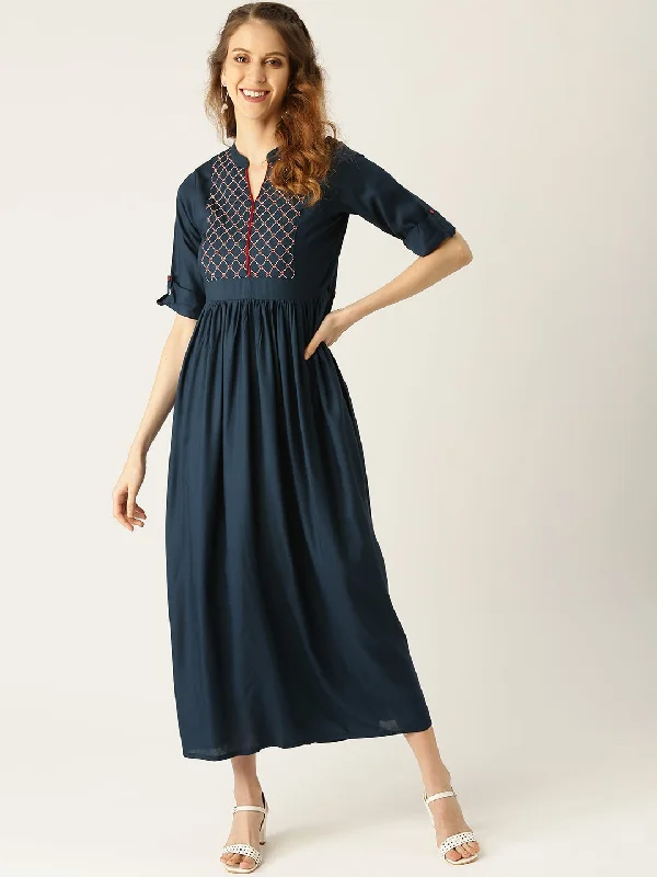 Women's Navy Blue Solid Solid Mandarin Collar Viscose Rayon A-Line Dress - Nayo Clothing