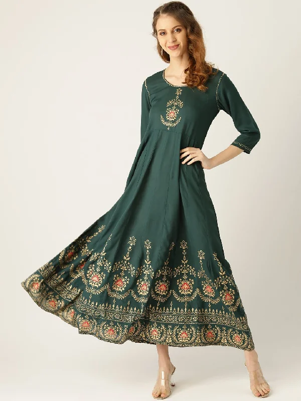 Women's Green Solid Solid Round Neck Viscose Rayon Fit And Flare Dress - Nayo Clothing