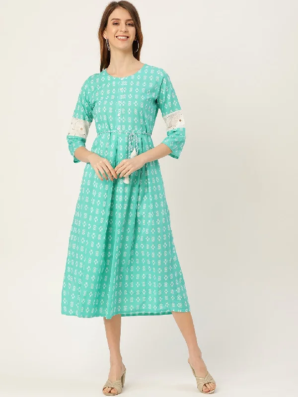 Women's Blue Ethnic Motifs Printed Round Neck Cotton A-Line Dress - Nayo Clothing