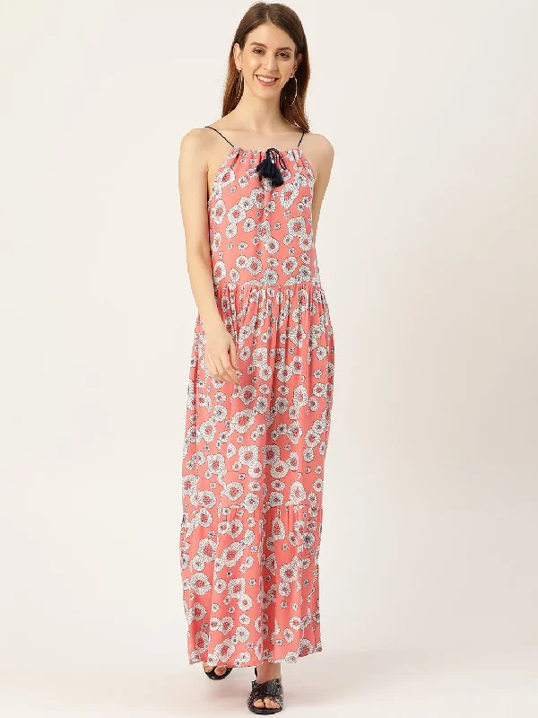 Women's Peach Conversational Printed Halter Neck Viscose Rayon A-Line Dress - Nayo Clothing