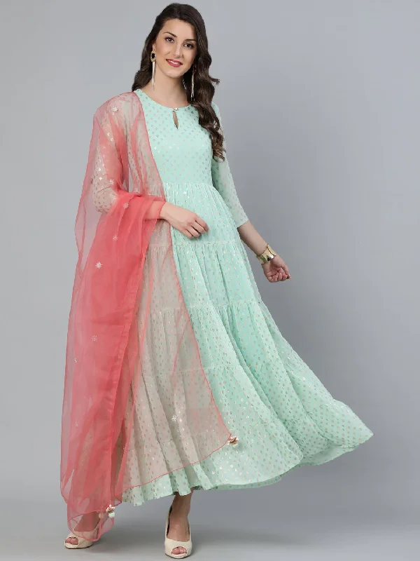 Women's Pastel Green Foil Printed Tired Dress With Pink Embroidered Dupatta - Nayo Clothing