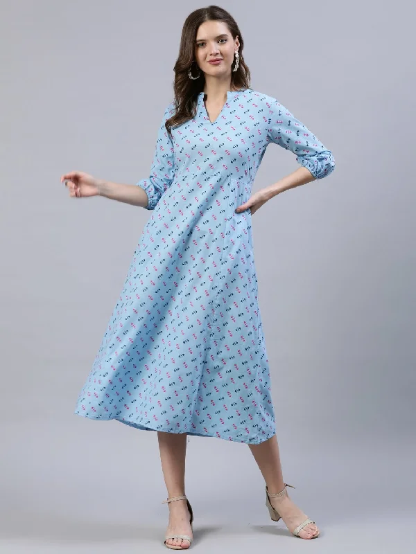 Women's Light Blue Dress With Three Quarter Detailed Sleeves - Nayo Clothing