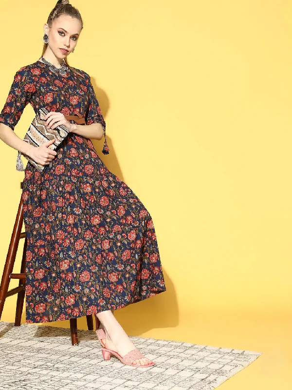 Women's Blue Printed Tiered Dress With Tie Up Sleeves - Nayo Clothing