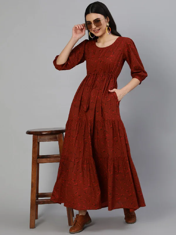 Women's Maroon Printed Tiered Dress With Three Quarter Sleeves - Nayo Clothing