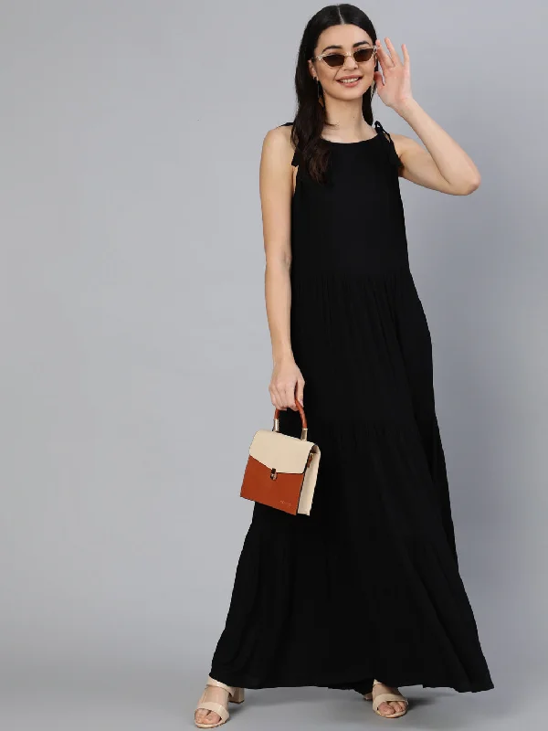 Women's Black Halter Neck Tiered Dress - Nayo Clothing