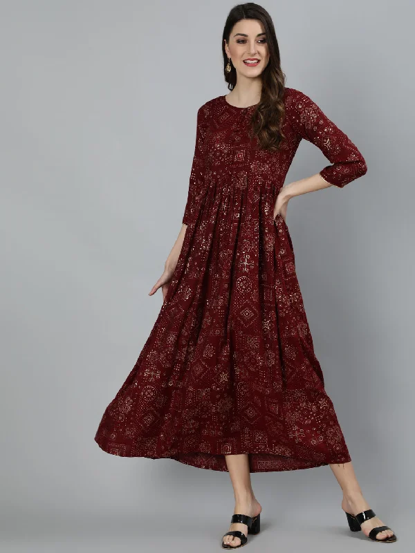 Women's Maroon Ethnic Motif Printed Dress With Three Quarter Sleeves - Nayo Clothing