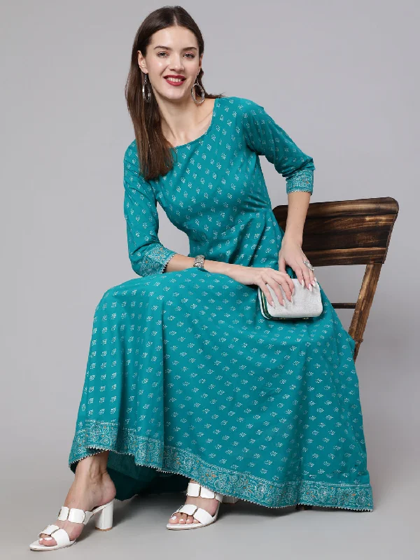 Women's Green Ethnic Printed Dress With Three Quarter Sleeves - Nayo Clothing