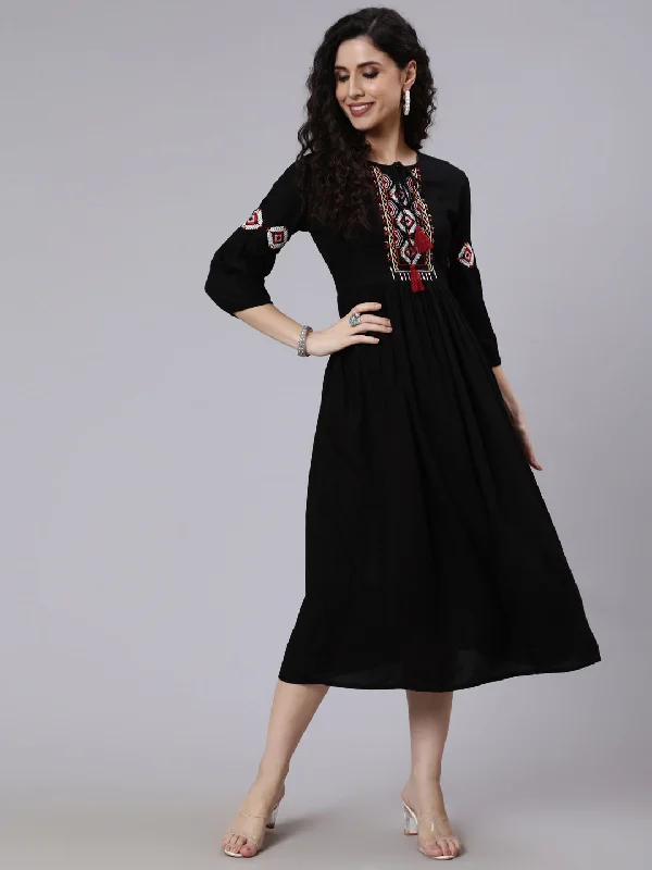 Women's Black Solid Embroidered Yoke Design Dress - Nayo Clothing