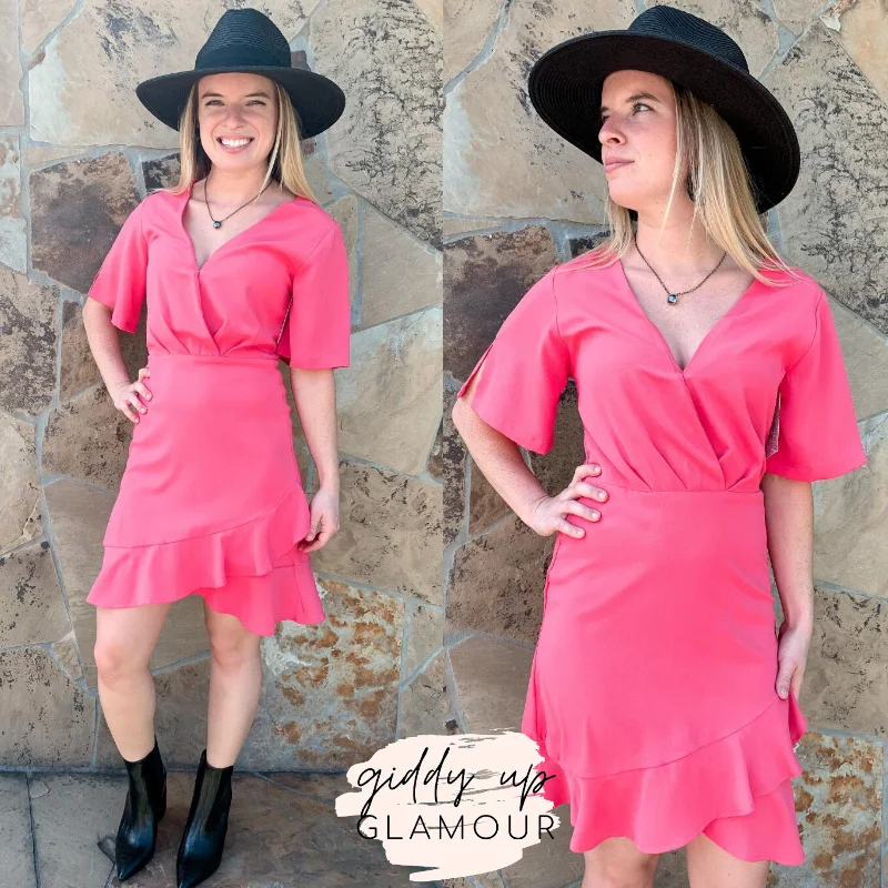 Swept Away Deep V Dress with Ruffle Hem in Fuchsia