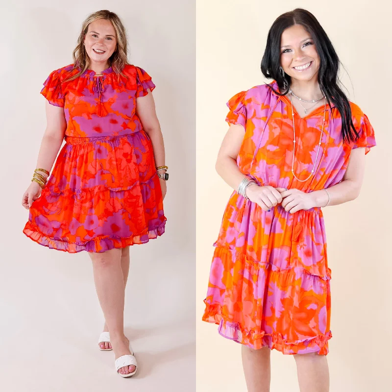 Girl On Fire Ruffle Sleeve and Tie Neck Dress in Orange and Purple