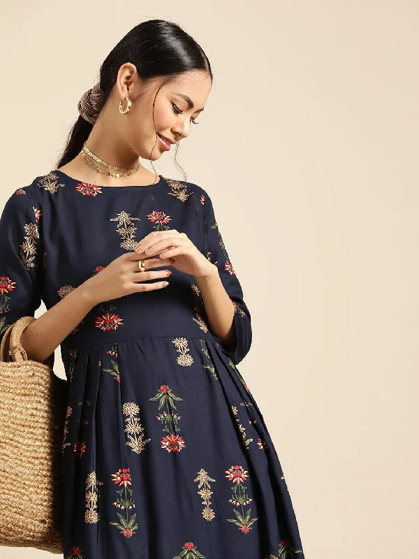 Women's Navy Blue Gold Printed Dress With Boat Neck & Three Quarter Sleeves - Nayo Clothing