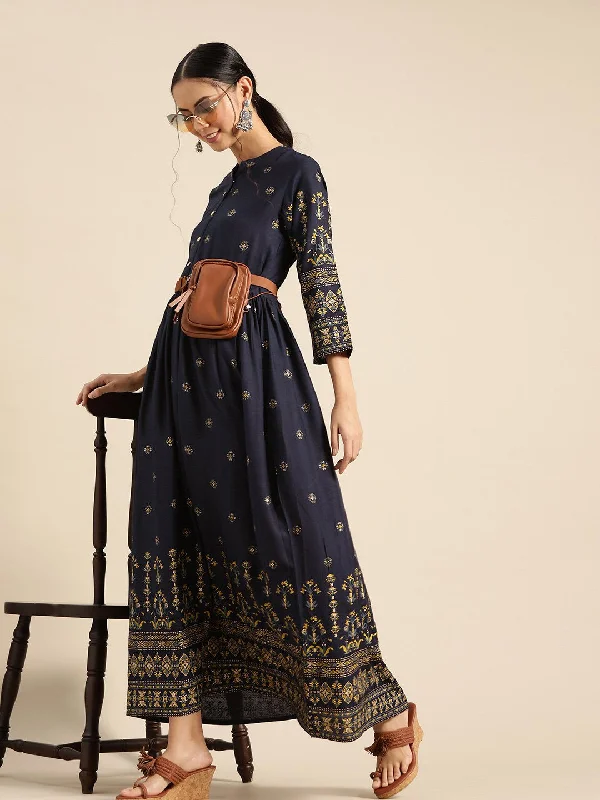 Women's Navy Blue & Gold Ethinic Printed Dress With Mandarin Collar & Three Quarter Sleeves - Nayo Clothing