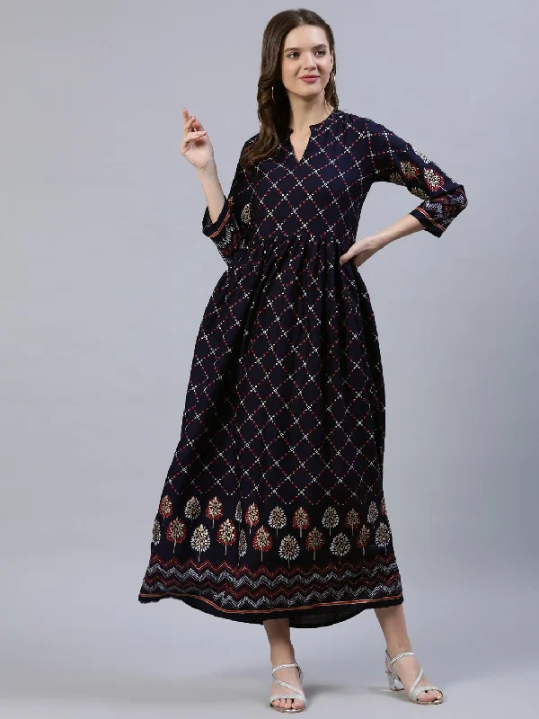Women's Navy Blue Printed Dress With Three Quarter Sleeves - Nayo Clothing