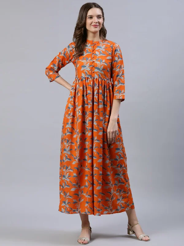 Women's  Orange Printed Dress With Three Quarter Sleeves - Nayo Clothing