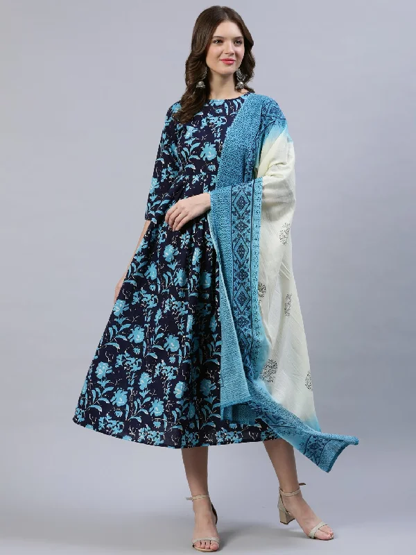 Women's Navy Blue Printed Dress With Dupatta - Nayo Clothing