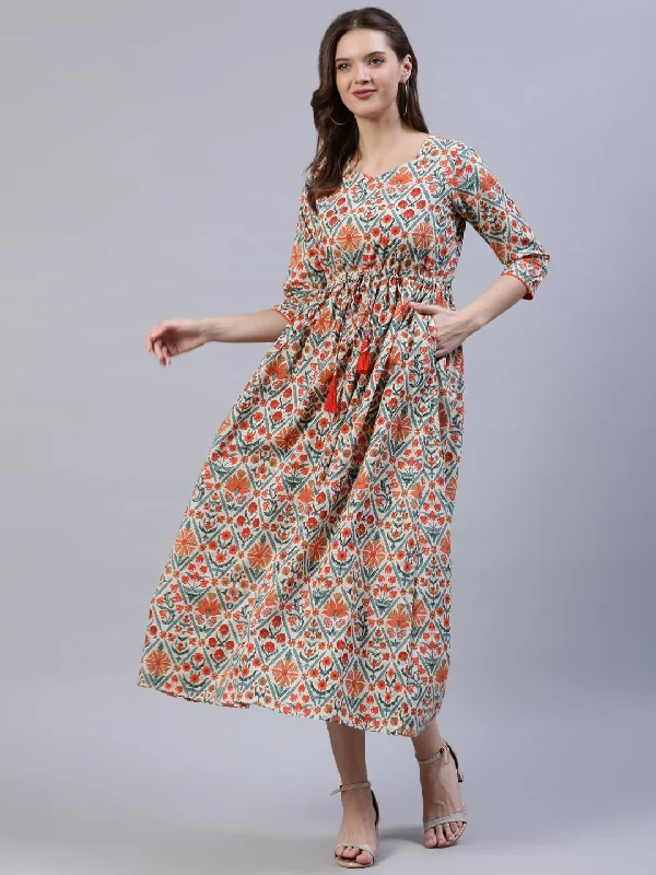 Women's Off-White Printed Dress With Three Quarter Sleeves - Nayo Clothing