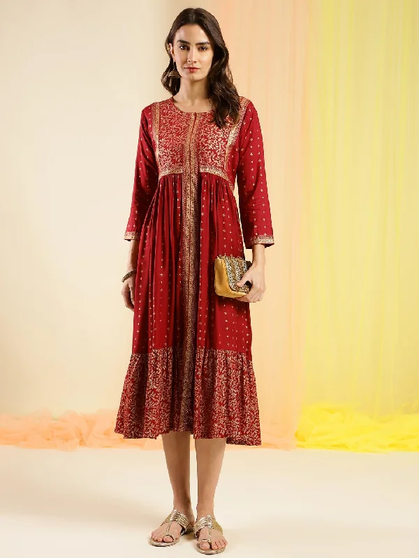 Women's Maroon Viscose Rayon Ethnic Motifs Aline Dress - Navyaa