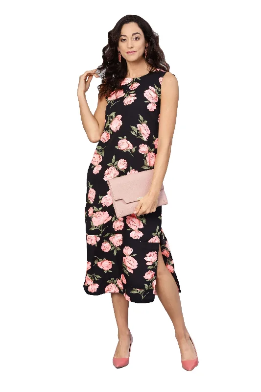Women's Black & Pink Poly Crepe Printed Sleveeless Round Neck Dress - Myshka