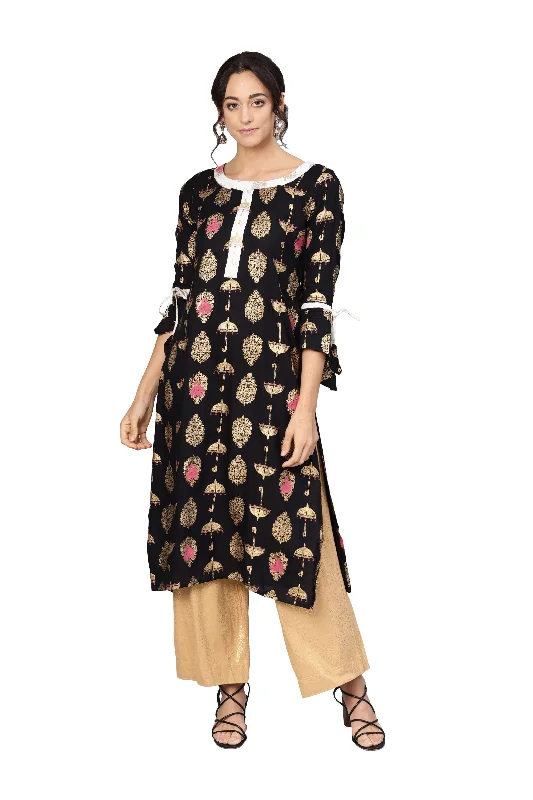 Women's Black Rayon Printed 3/4 Sleeve Round Neck Dress - Myshka