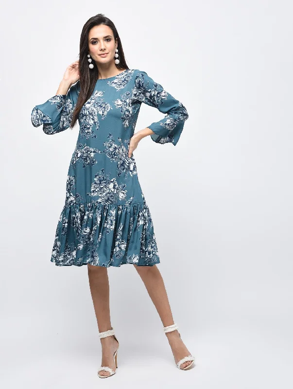 Women's Blue Polyster Printed Bell Sleeve Round Neck Dress - Myshka