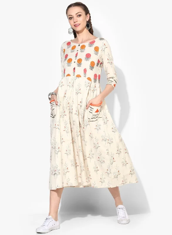 Women's Cotton Printed Three-Fourth Sleeve Round Casual Dress - Myshka