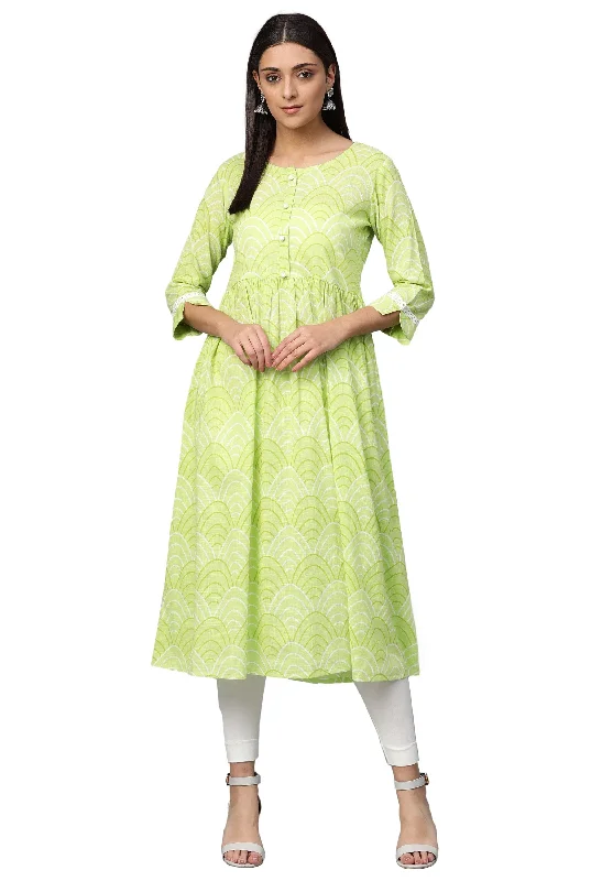 Women Green Cotton Printed Dress by Myshka (1 Pc Set )