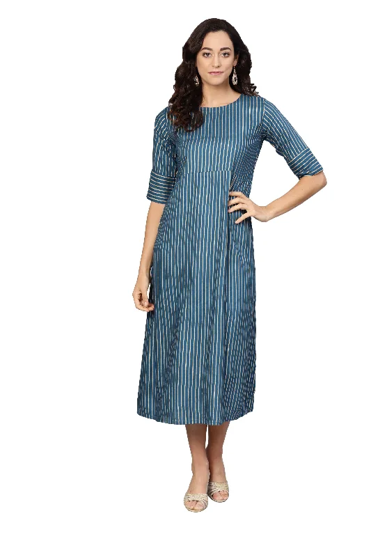 Women's Green Rayon Solid Half Sleeve Round Neck Dress - Myshka