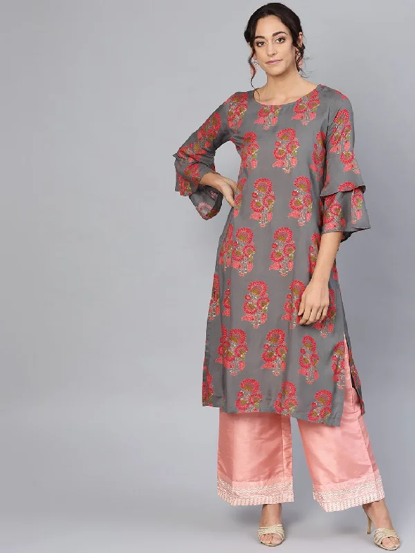Women's Grey Rayon Printed 3/4 Sleeve Round Neck Dress - Myshka
