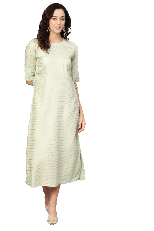 Women's Light Green Rayon Solid Half Sleeve Round Neck Dress - Myshka