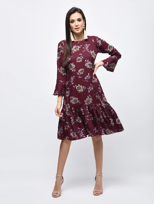 Women's Maroon Polyster Printed Bell Sleeve Round Neck Dress - Myshka