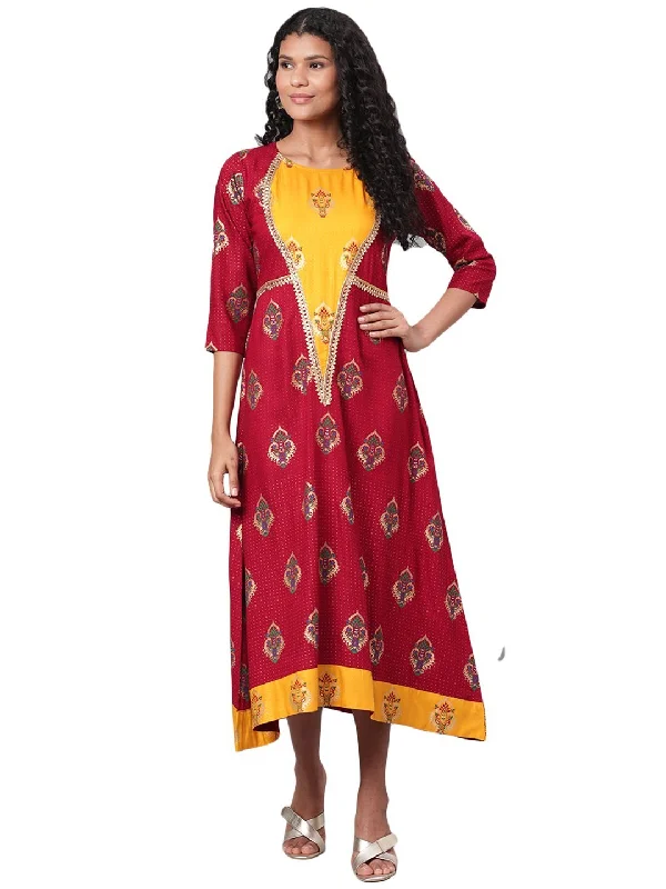 Women's Maroon Printed 3/4 Sleeve Rayon Round Neck Dress - Myshka