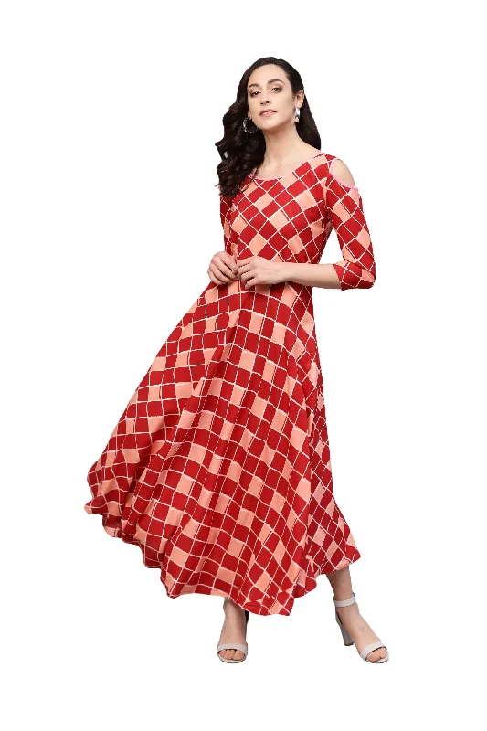 Women's Maroon Rayon Printed 3/4 Sleeve Round Neck Dress - Myshka