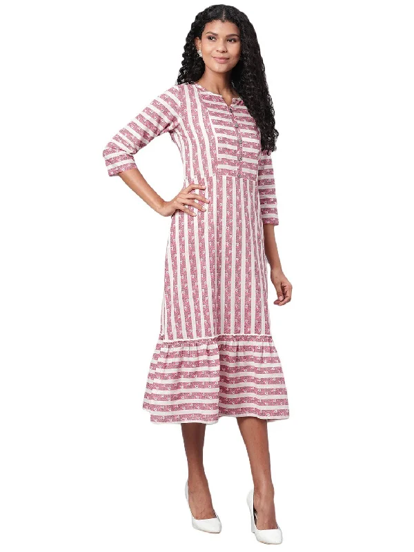 Women's Multi Printed 3/4 Sleeve Cotton Round Neck Casual Dress - Myshka