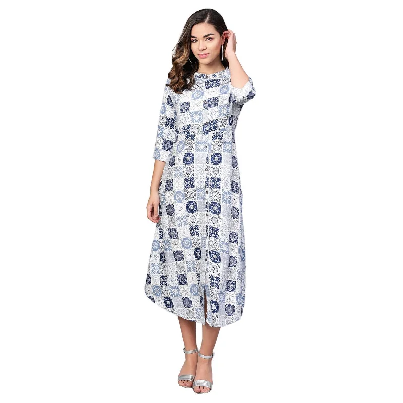 Women's Off White Rayon Printed Half Sleeve Casual Dress - Myshka