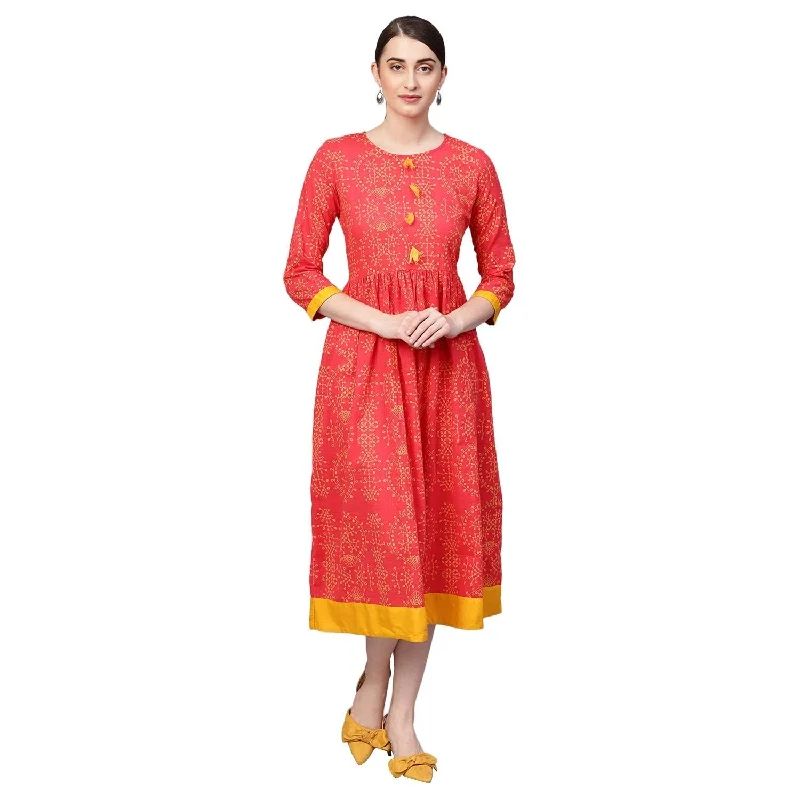 Women's Orange Cotton Printed Half Sleeve Round Neck Dress - Myshka