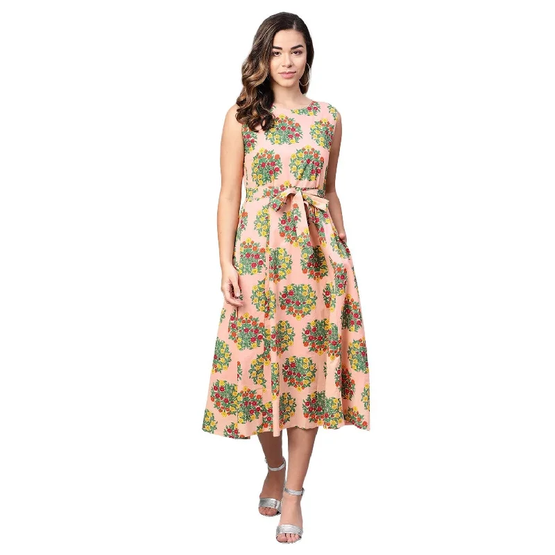 Women's Peach Cotton Printed Sleevless Casual Dress - Myshka