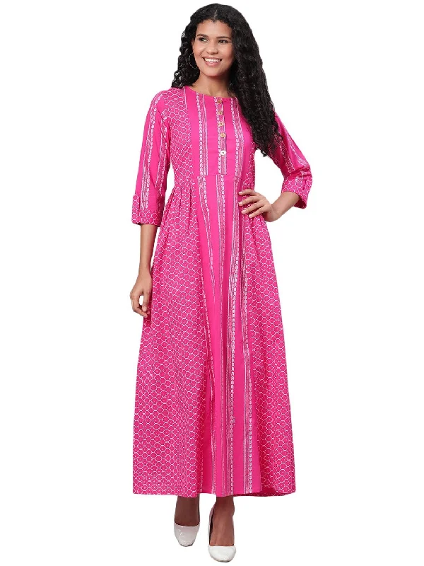 Women's Pink Printed 3/4 Sleeve Cotton Round Neck Dress - Myshka
