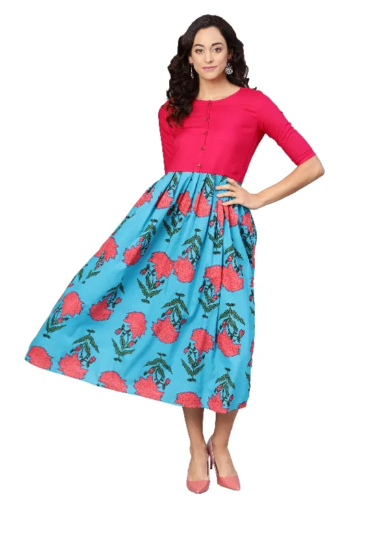 Women's Pink & Sky Blue Cotton Printed Raglan Sleeve Round Neck Dress - Myshka