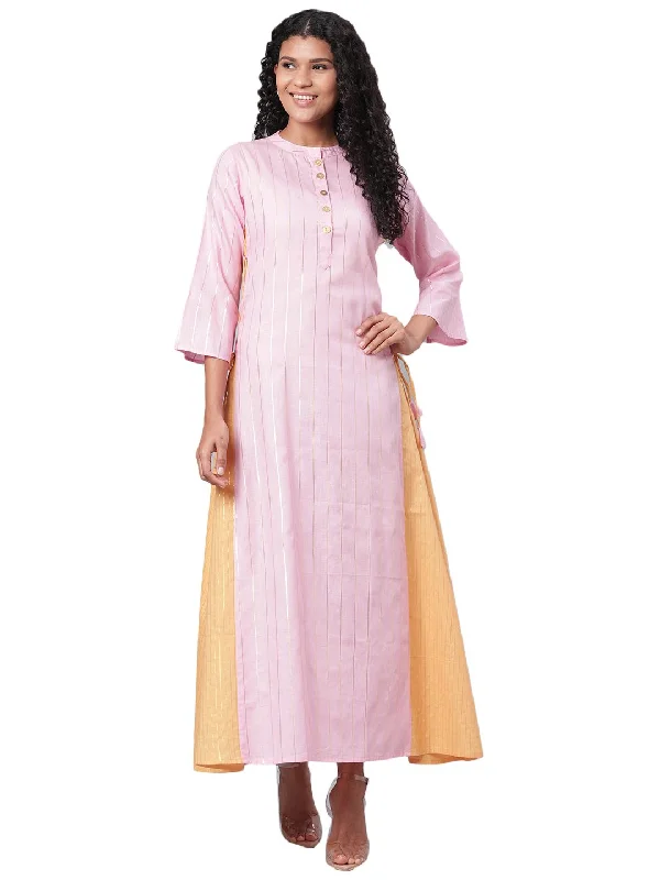 Women's Pink Solid 3/4 Sleeve Cotton Round Neck Dress - Myshka