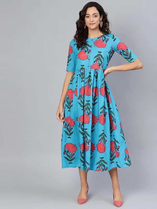 Women's Sky Blue Cotton Printed 3/4 Sleeve Round Neck Dress - Myshka