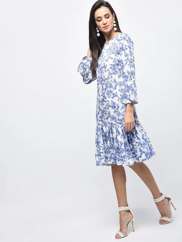 Women's Sky Blue Polyster Printed Bell Sleeve Round Neck Dress - Myshka
