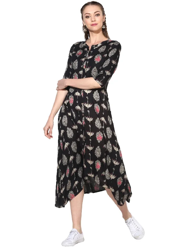 Women's Viscose Printed Three-Fourth Sleeve Mandarin Casual Dress - Myshka