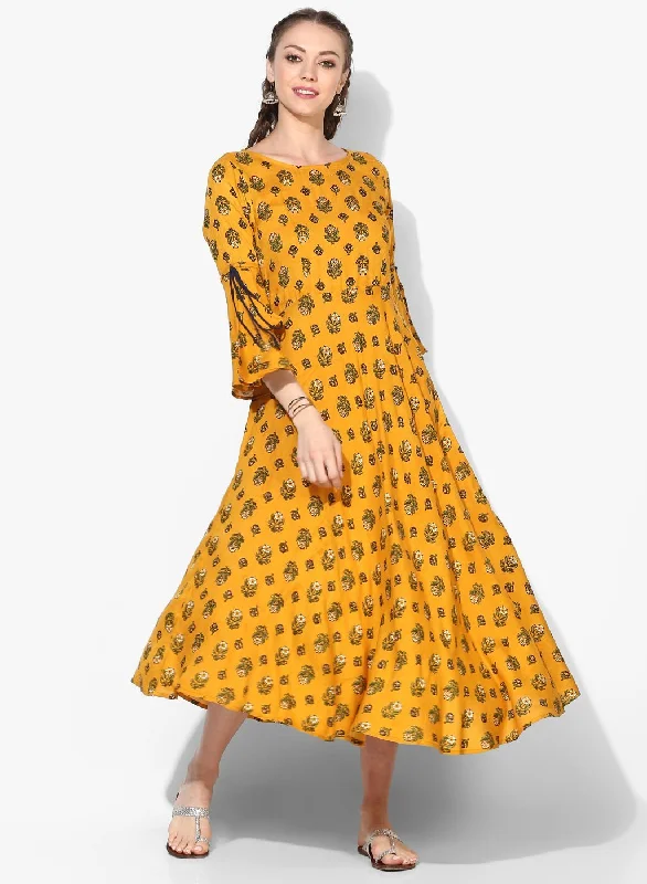 Women's Viscose Printed Three-Fourth Sleeve Round Casual Dress - Myshka