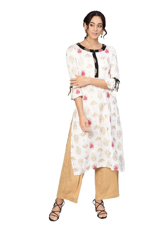 Women's White Rayon Printed 3/4 Sleeve Round Neck Dress - Myshka