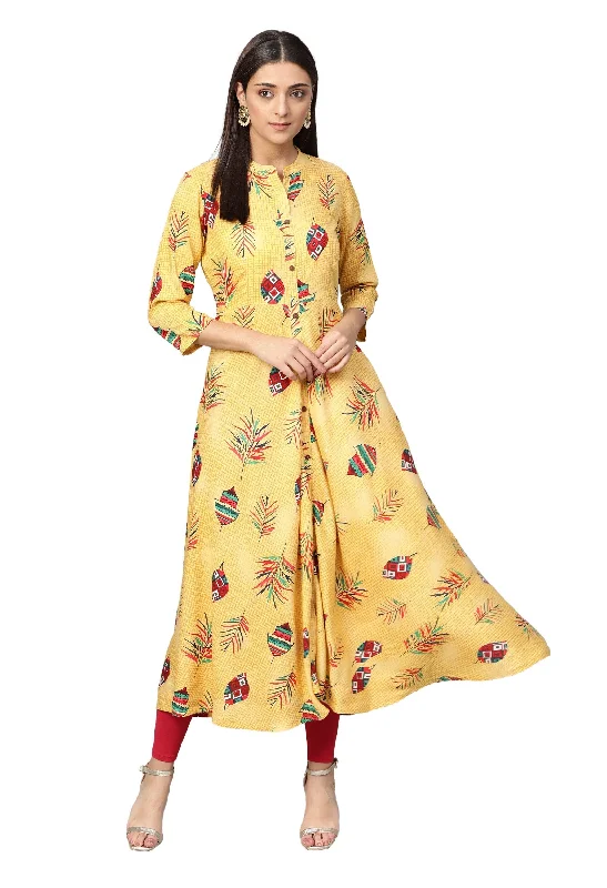 Women's Yellow Cotton Printed 3/4 Sleeve Mandarin Neck Casual Dress - Myshka