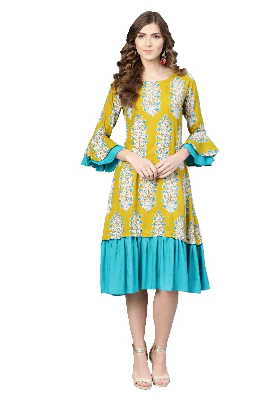 Women's Yellow Cotton Printed Bell Sleeve Round Neck Dress - Myshka