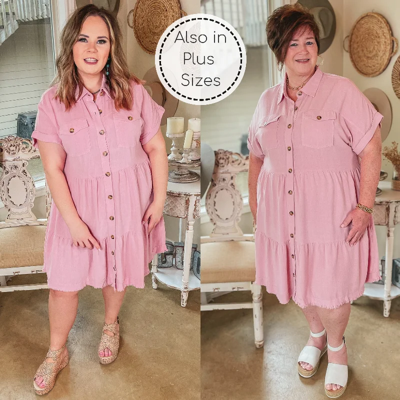 Oh Darling Ruffle Tiered Button Up Dress in Pink
