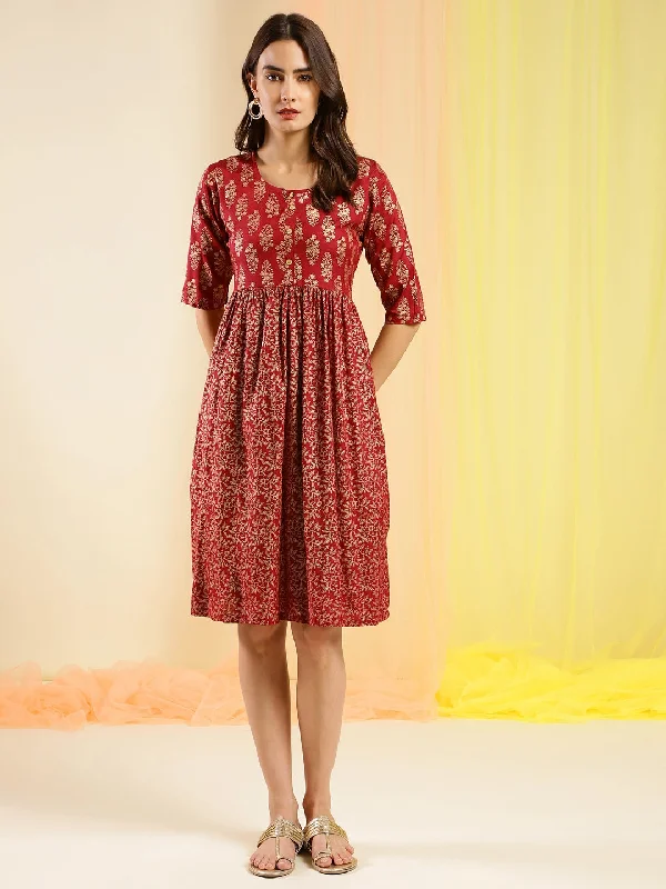 Women's Red Cotton Ethnic Motifs Aline Dress - Navyaa