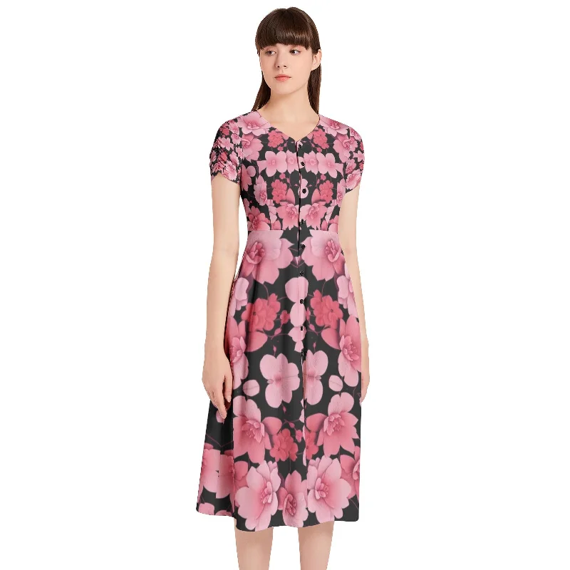 Silver grey white hair inspiration Sleeve Button Through pink flower Dress